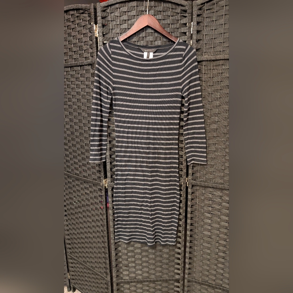 BCBGMaxAzria Black and Gray Striped Long Sleeve Dress
